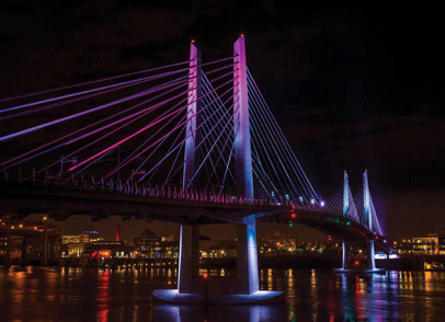Constantly-changing night lighting varies according  to changing river conditions, such as temperature and flow